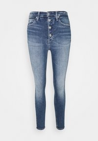 Jeans ajustados de cintura alta en denim azul medio con un acabado desvaído, que presentan un cierre de cinco botones y dos bolsillos frontales.
