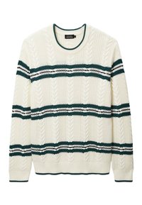 Pull en maille torsadée crème avec des rayures horizontales vertes et blanches. Présente un col rond classique et des poignets et un ourlet côtelés.