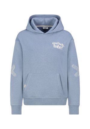 Light blue hoodie made of soft fabric, featuring a front pocket, ribbed cuffs, and embroidered text "Good luck babe!" on the chest.