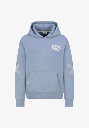 Lichtblauwe hoodie van zacht materiaal, met een frontzak, geribbelde manchetten en geborduurde tekst "Good luck babe!" op de borst.