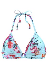 Blumiges Bikini-Oberteil mit hellblauem Grundton, verziert mit rosa und roten Blumen. Dreieckige Form, gebundene Träger, Ausschnitt-Detail auf der Vorderseite.