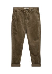 Pantaloni in corduroy verde oliva con texture a righe verticali, orli regolabili e due tasche anteriori. Chiusura con bottone metallico in vita.