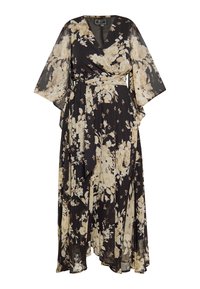 Czarna sukienka w kwiaty z beżowymi motywami, z szerokimi rękawami kimono, paskiem w talii i luźną spódnicą. Wykonana z lekkiego materiału.