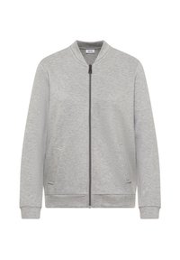 Šedá mikina s kapucí, ribbeným límcem, předním zipem a bočními kapsami. Vyrobena z měkké tkaniny se hladkým povrchem.