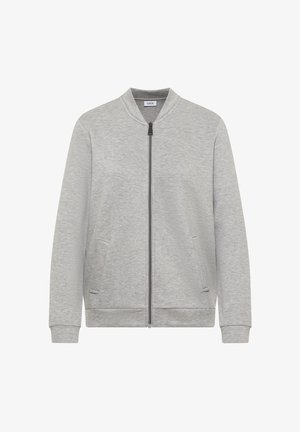 Grauer Sweatjacke mit geripptem Kragen, vorderem Reißverschluss und seitlichen Taschen. Hergestellt aus weichem Stoff mit glatter Textur.