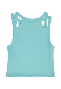 Jasnoniebieski prążkowany top bez rękawów z cienkimi, krzyżującymi się ramiączkami na plecach. Posiada bezszwowe wycięcia na szyję i ramiona, co zapewnia dopasowany wygląd.