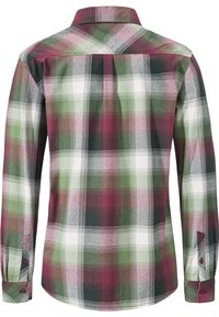 Rot-grün kariertes Hemd mit Button-Down-Kragen, langen Ärmeln und kontrastierenden Knopfdetails, das eine weiche Stofftextur aufweist.