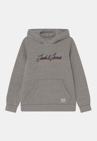 Felpa grigia con cappuccio regolabile, tasca a marsupio frontale e logo "Jack & Jones" in testo blu scuro e arancione ricamato sul davanti.