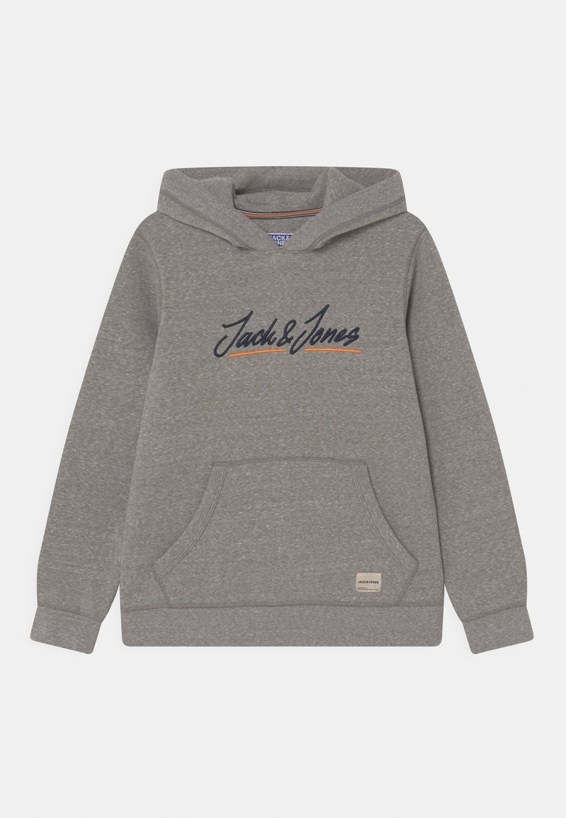 Felpa grigia con cappuccio regolabile, tasca a marsupio frontale e logo "Jack & Jones" in testo blu scuro e arancione ricamato sul davanti.