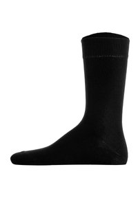 Schwarze Baumwollsocke mit geripptem Bündchen, nahtlosem Zeh und glatter Textur. Zeigt ein Standarddesign in Knöchelhöhe.