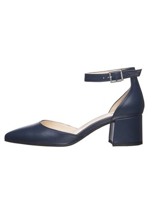 Chaussure pour femme en cuir bleu marine avec bout pointu, talon bloc et bride de cheville ajustable avec boucle argentée.