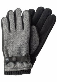 Graue Fischgrät-Handschuhe mit schwarzen Strickbündchen, ausgestattet mit schwarzen Wildlederakzenten und Druckknopfverschlüssen für einen sicheren Sitz. Glatte Textur, fünf Finger Design.