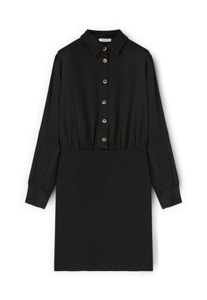Vestido negro de manga larga con cuello, con un cierre de botones en la parte delantera, cinturilla elástica y mangas plisadas. Tejido suave con botones brillantes.