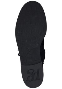 Semelle de chaussure noire avec une surface texturée, de forme arrondie et comportant un logo. La semelle a un design solide et est dépourvue de motifs.