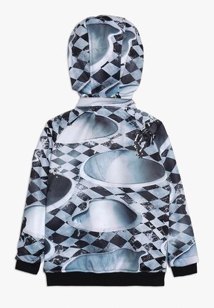 Bluza z kapturem wykonana z tkaniny; posiada czarno-biały wzór w kratę z abstrakcyjnymi szarymi motywami misek, ściągacze na rękawach i u dołu.