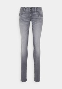 Skinny jeans in light gray denim with a faded finish. Features a two-button closure, front pockets, and contrast stitching along seams.