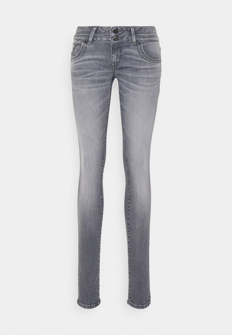 Skinny jeans in light gray denim with a faded finish. Features a two-button closure, front pockets, and contrast stitching along seams.