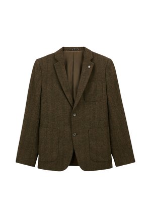 Blazer en tweed marron avec revers en pointe, deux poches avant et une fermeture à un seul bouton. Tissu texturé avec une doublure intérieure lisse.