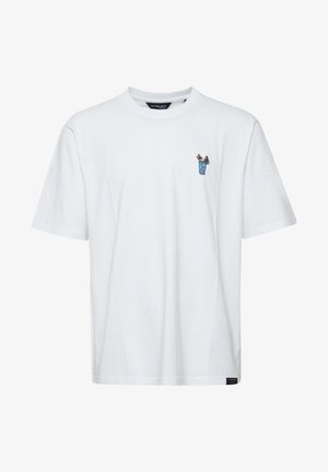 Tricou alb din bumbac, cu o croială lejeră, având o broderie mică și detaliată a unei persoane într-un cornet de înghețată albastră pe piept.