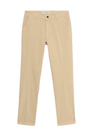 Pantalons Trussardi slim-fit beiges avec poches avant, passants de ceinture, fermeture à bouton et étiquette de marque visible sur la ceinture.
