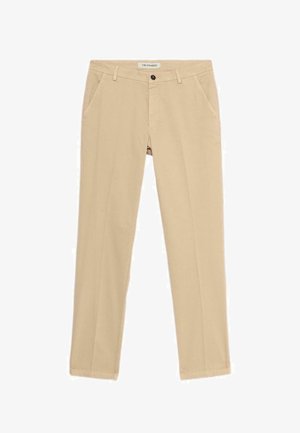 Pantalones slim-fit en beige de Trussardi con bolsillos frontales, pasadores para cinturón, cierre de botón y una etiqueta de marca visible en la cinturilla.