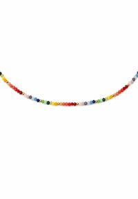 Collana di perline multicolori composta da piccole perline sfaccettate in rosso, arancione, giallo, verde, blu e viola, intervallate da accenti dorati.