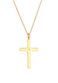 Kreuzanhänger in Goldoptik an einer filigranen Kette, mit polierter Oberfläche und der Prägung "925" für Sterlingsilbergehalt.