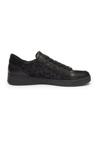 Black low-top sneaker with geometric pattern on side, lace-up closure, and flat rubber sole.