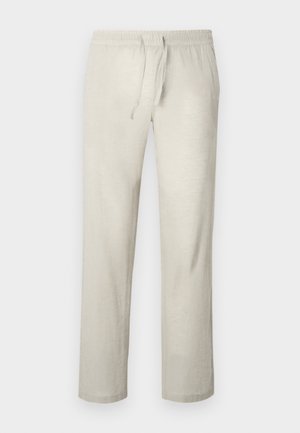 Hellbeige Leinenhose mit elastischem Bund und vorderem Tunnelzug, gerades Bein, keine sichtbaren Taschen.