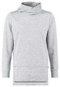 Hellgrauer Langarm-Hoodie aus weichem Stoff, mit einem drapierten Kragen, entspannter Passform und geradem Saum mit seitlichen Schlitzen.