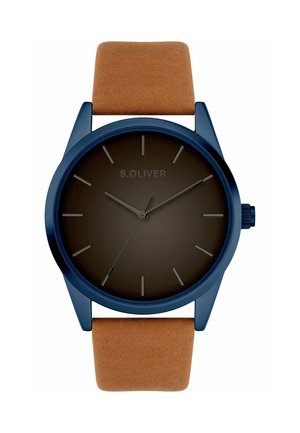 Minimalistische Armbanduhr mit dunklem rundem Zifferblatt, marineblauem Gehäuse, braunem Lederarmband und einfachen Stundenmarkierungen ohne Zahlen.