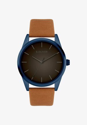 Minimalistisk armbåndsur med mørkt rundt urværk, navyblåt urkasse, brun læderrem og enkle timeindikatorer uden tal.