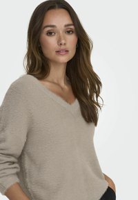 Beige V-hals truien met een zachte, textuurgebreide stof. Verlaagde schouders en lange mouwen zorgen voor een ontspannen pasvorm. Geen zichtbare patronen of hardware.