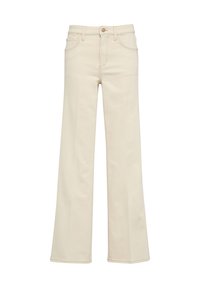 Jeans a zampa d'elefante beige chiaro in denim, con una vita alta, tasche frontali e dettagli di cucitura sottili lungo le cuciture.