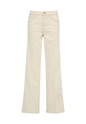 Svijetlosmeđi traperice s lepršavim nogavicama, izrađene od denima, s visokim strukom, prednjim džepovima i suptilnim detaljima šivanja duž šavova.