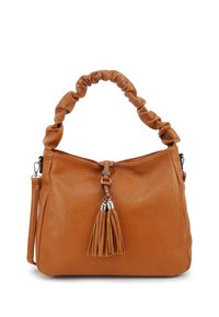 Bruine leren handtas met een gestructureerde afwerking, gatherde bovenhandgreep en zilveren hardware. Heeft een decoratieve tassel detail.
