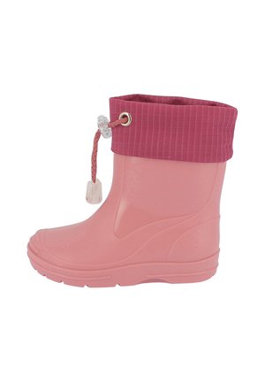 Botte de pluie en caoutchouc rose pour enfants avec manchette en tissu côtelé et fermeture à cordon ajustable.