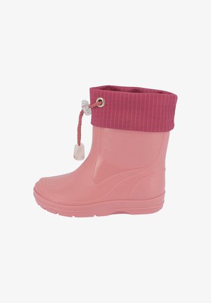 Botte de pluie en caoutchouc rose pour enfants avec manchette en tissu côtelé et fermeture à cordon ajustable.