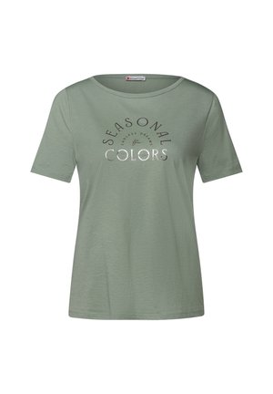 Lys grøn kortærmet t-shirt lavet af blødt stof, med rund halsudskæring og et centralt trykt design med teksten "SEASONAL COLORS."