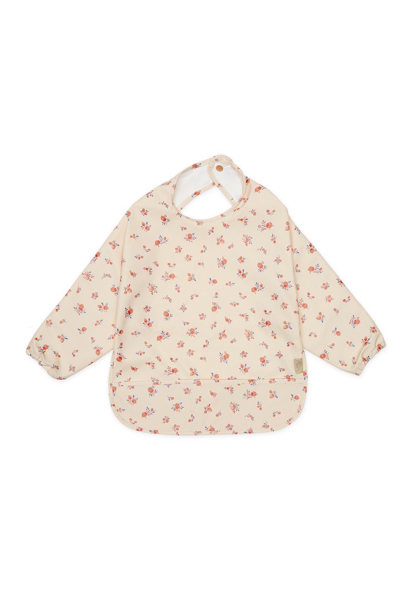 Long-sleeve bib in cream with a floral pattern in pink and blue. Features a round neck with a button closure and a curved bottom edge.