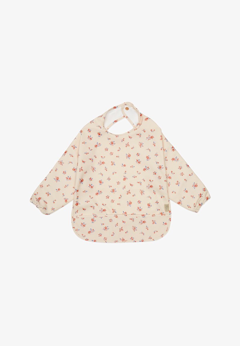 Long-sleeve bib in cream with a floral pattern in pink and blue. Features a round neck with a button closure and a curved bottom edge.