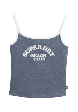 Top blu con righe bianche e spalline a spirale, con la scritta "SUPER DRY BEACH CLUB" in un carattere audace e curvo sulla parte anteriore.