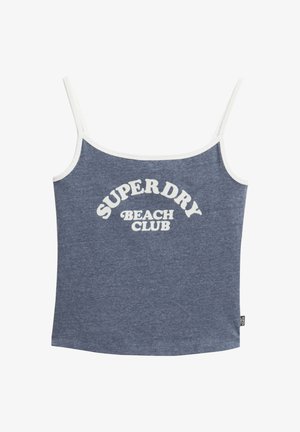 Blå tank-top med hvid kant og spaghetti-stropper, med teksten "SUPER DRY BEACH CLUB" i en fed, buet skrifttype henover forsiden.