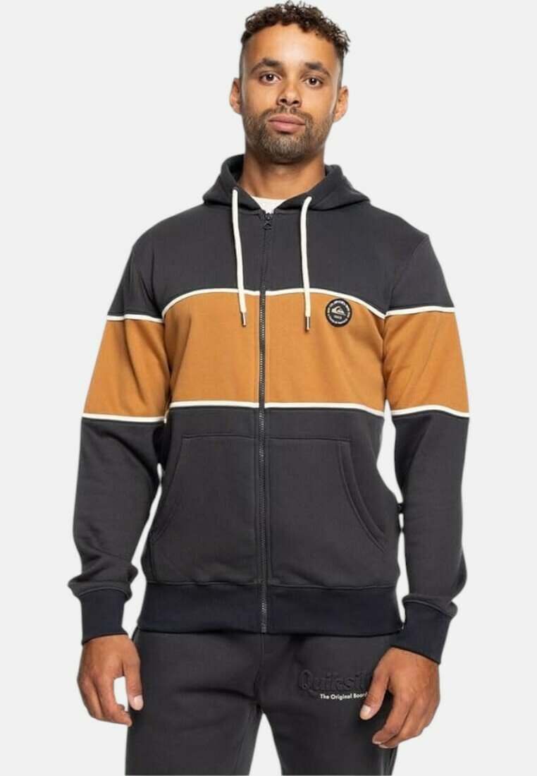 Sudadera con capucha y cremallera de color gris oscuro con una franja horizontal en color beige, detalles en blanco y un parche con el logo en el pecho; material de mezcla de algodón.
