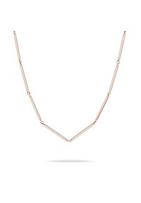 Roze gouden ketting met verlengde rechthoekige en ronde schakels, die in een herhalend patroon afwisselend zijn, waardoor een delicate vorm ontstaat.