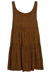 Vestido marrón sin mangas con patrón de puntos irregulares negros, escote en forma de barco y falda amplia y en capas.