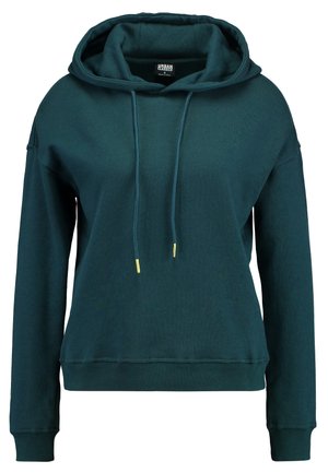 Teal hettegenser med stor hette, snor, ribbestrikkede cuffs og kant. Laget av mykt materiale med et enkelt, avslappet design.
