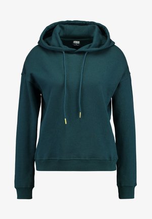 Teal Kapuzenpullover mit großer Kapuze, Kordelzügen, gerippten Bündchen und Saum. Hergestellt aus weichem Material mit einem einfachen, lässigen Design.