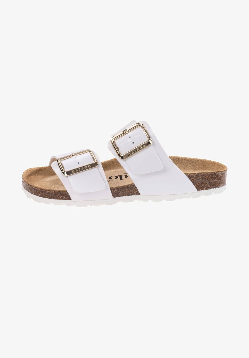 Weiße Riemchensandalen mit zwei verstellbaren Riemen, Akzenten mit goldenen Schnallen, Korkfußbett und strukturierten Gummisohlen. Lässiges und komfortables Design.