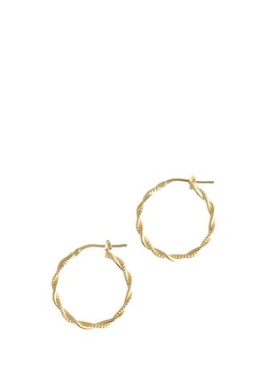 Boucles d'oreilles créoles torsadées en or avec détails texturés, munies d'une fermeture à charnière sur fond blanc.